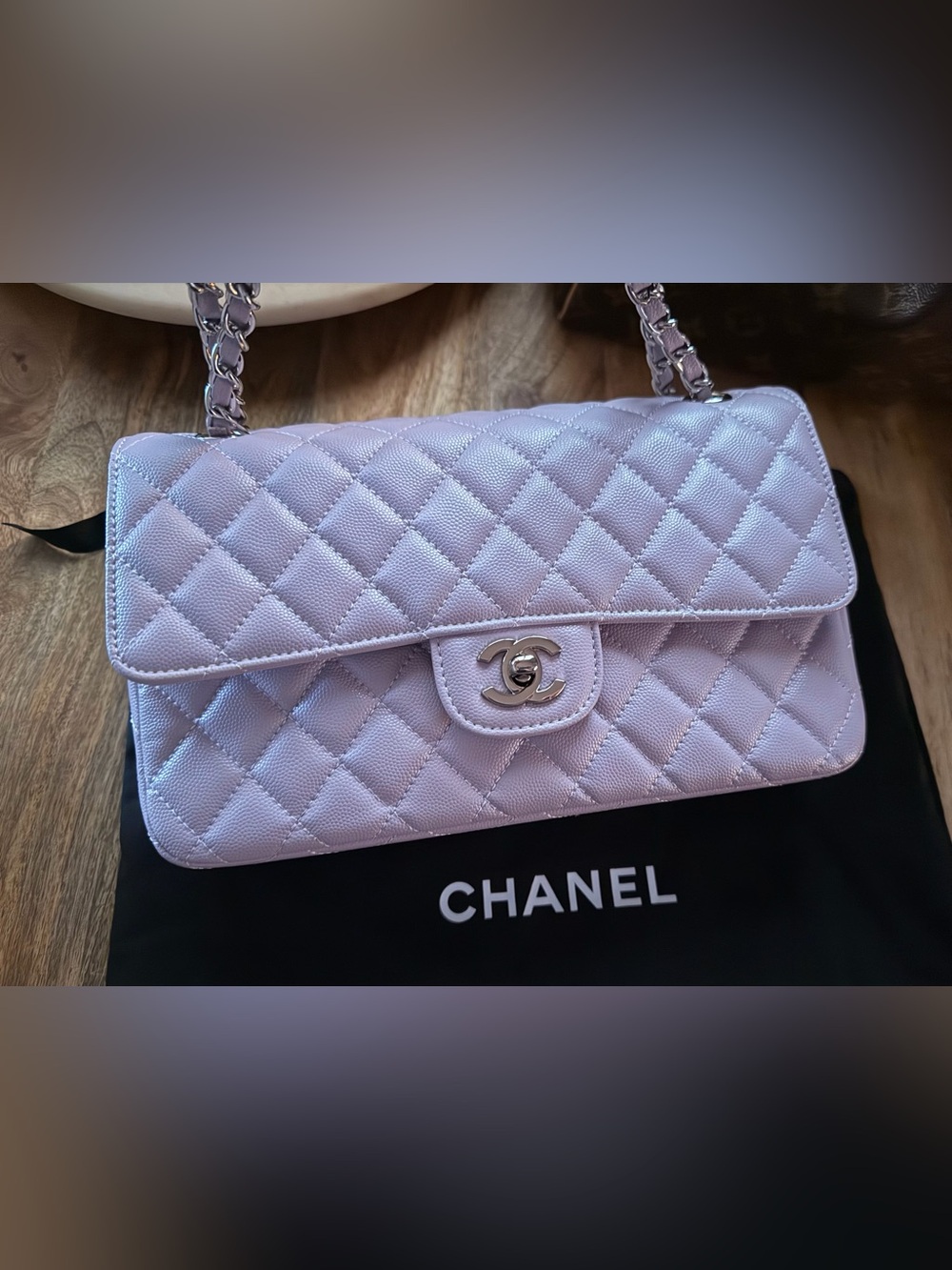 Medium Flap Quilted Caviar Lavender Crossbody Shoulder Bag
